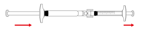 Siringa pre-riempita con farmaco trasparente, stantuffo nero e aghi alle estremit&agrave;, frecce rosse indicano direzione del movimento
