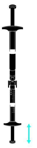 Siringa pre-riempita con stantuffo nero e alette laterali, freccia blu indica direzione di somministrazione