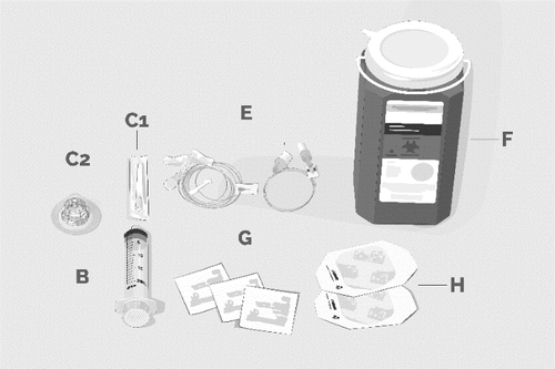 Dispositivo autoiniettante con cartuccia, aghi, adattatore e cerotti adesivi per l