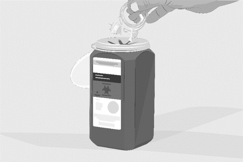 Fiala di medicinale con un tappo grigio che viene inserita in un contenitore per rifiuti appuntiti nero