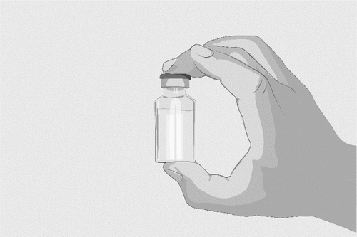 Mano che tiene una fiala di vetro trasparente con tappo nero, visualizzazione di preparazione del farmaco