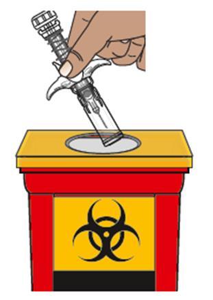 Siringa pre-riempita inserita in un contenitore giallo con simbolo di rischio biologico e bordo rosso