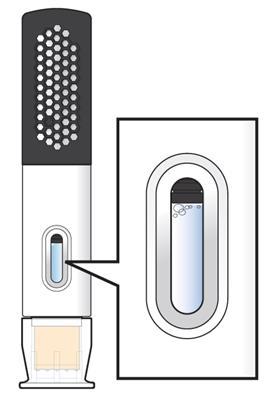 Penna iniettabile con ago protetto e cartuccia trasparente contenente liquido bluastro