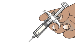 Mano che afferra una siringa preriempita con ago esposto e protetto da cappuccio di sicurezza trasparente