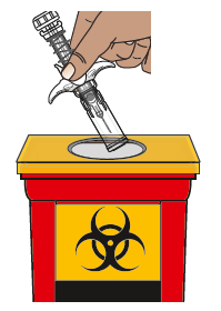 Siringa usata gettata in contenitore giallo con simbolo di rischio biologico e bordo rosso