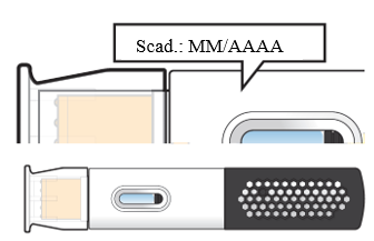 Penna iniettabile con pistone parzialmente estratto e indicazione della data di scadenza MM/AAAA in alto