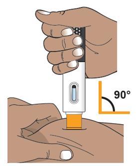 Mano che tiene un dispositivo per iniezione con ago inserito nella pelle a 90 gradi indicati da un angolo arancione