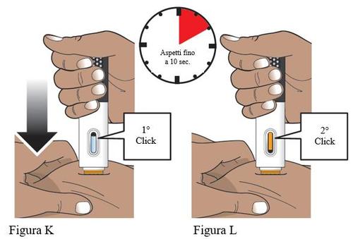 Mani che tengono un dispositivo medico con due click udibili indicati e freccia che mostra la progressione temporale di attesa fino a 10 secondi