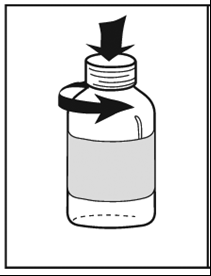 Flacone medicinale con liquido interno e tappo avvitabile indicato da frecce per apertura e chiusura