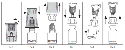 Fiale con polvere e solvente, frecce nere indicano inserimento e rotazione, fiala vuota e tappo in diverse fasi di preparazione