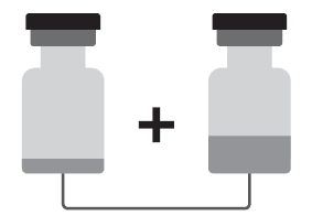 Due fiale medicinali con liquido interno e un segno più nero tra di esse collegate da una linea orizzontale