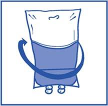 Sacca per infusione endovenosa blu con due rotelle e freccia curva che indica la direzione di rotazione