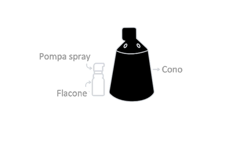 Pompa spray schematica con flacone collegato da un cono e frecce che indicano il flusso