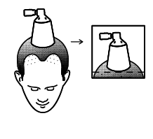 Testa maschile con applicatore a forma di cono e freccia che indica il posizionamento corretto