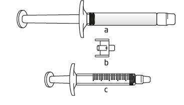 Siringa schematica con stantuffo, corpo cilindrico e ago, mostrata in diverse viste con dettagli dell