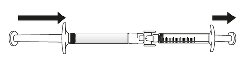 Siringa pre-riempita con stantuffo retratto e alette laterali, frecce indicano direzione di spinta e trazione