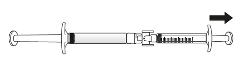 Siringa pre-riempita con stantuffo retratto indicato da una freccia nera e scala graduata visibile