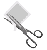 Forbici aperte in metallo scuro che tagliano un nastro bianco su sfondo grigio chiaro