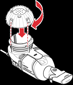 Dispositivo inalatorio con cappuccio protettivo trasparente e freccia rossa che indica la direzione di pressione verso il basso