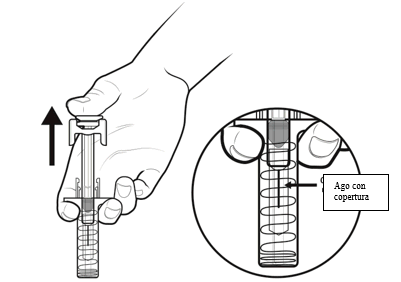 Mano che preme un dispositivo autoiniettore con ago visibile e ingrandimento del meccanismo a spirale interno