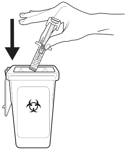 Mano che getta una siringa usata in un contenitore per rifiuti speciali con simbolo di rischio biologico e freccia direzionale verso il basso