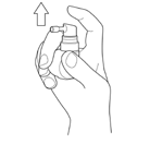 Mano che tiene un dispositivo spray nasale bianco e grigio con una freccia che indica la direzione di spruzzo