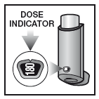 Inalatore dosato cilindrico grigio con indicatore di dose circolare che mostra il numero 180 e freccia direzionale