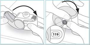 Dispositivo autoiniettante con due fasi illustrate da frecce nere e ingrandimento con numero 119