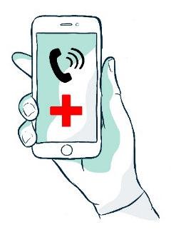 Mano che tiene uno smartphone con un telefono che squilla e un simbolo di croce rossa sullo schermo