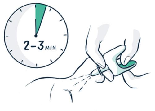 Mano che applica un cerotto su una ferita con un orologio che indica 2-3 minuti e una sezione verde evidenziata