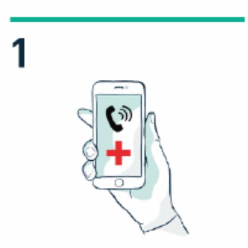 Mano che tiene uno smartphone con schermo che mostra un telefono rosso e una croce rossa stilizzata