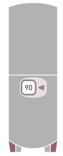 Dispositivo medico cilindrico grigio con display numerico che indica 90 e freccia direzionale verso destra