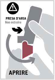 Segnale di avvertimento con simbolo triangolare giallo e punto esclamativo, mano che ruota un dispositivo grigio con freccia e parte rossa, scritta APRIRE