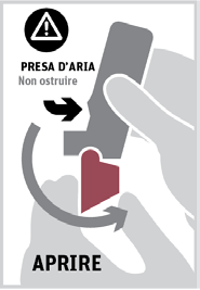Segnale di avvertimento con simbolo di pericolo e scritta &ldquo;PRESA D&rsquo;ARIA Non ostruire&rdquo; freccia curva e scritta &ldquo;APRIRE&rdquo;