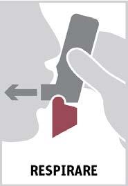 Profilo di una testa con un inalatore grigio in bocca e una freccia bianca che indica l