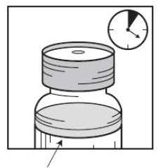 Fiala medicinale con tappo grigio e freccia nera che indica il punto di iniezione orologio con lancetta che indica un tempo specifico