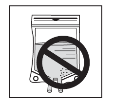 Busta per infusione con liquido e polvere barrata da un cerchio con una croce diagonale