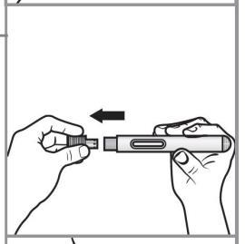 Mani che tengono un dispositivo penna per iniezione con una freccia che indica l