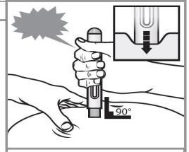 Mano che tiene un dispositivo per iniezione con ago perpendicolare alla cute, freccia indica la pressione e angolo retto indicato