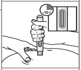 Mano che tiene un dispositivo per iniezione, con indicazione di 15 secondi, premuto sulla coscia di una persona