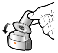 Dispositivo autoiniettante con ago protetto da cappuccio grigio e pulsante bianco, freccia indica rotazione