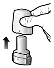 Dispositivo autoiniettante con pulsante bianco premuto da una mano e parte inferiore grigia con freccia direzionale verso l
