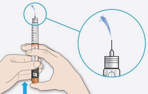 Penna per iniezione in mano con ago inserito e dettaglio ingrandito della puntura sottocutanea freccia blu indica la direzione