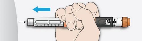 Mano che tiene un dispositivo per iniezione con ago visibile e numeri di dosaggio 20 30 40 su un display arancione freccia blu laterale