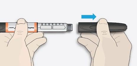 Penna per insulina con due parti separate tenute da due mani e freccia blu che indica il collegamento