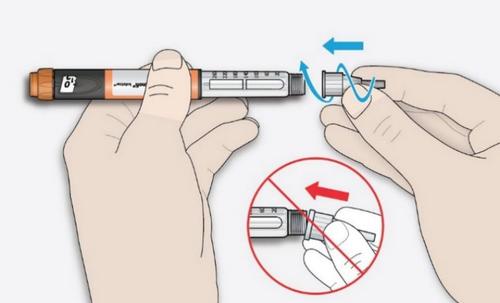 Penna per iniezione con ago avvitato e freccia blu che indica la rotazione corretta, dettaglio con croce rossa su ago non correttamente applicato