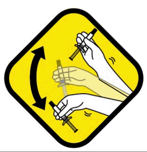 Due mani che assemblano una siringa premendo e ruotando i componenti, freccia curva indica il movimento corretto