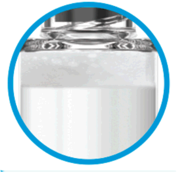 Fiala di vetro trasparente contenente una soluzione liquida bianca circondata da un cerchio blu chiaro