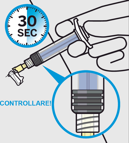 Mano che tiene una siringa preriempita con ago inserito, dettaglio ingrandito dell