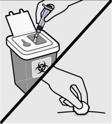 Siringa usata con ago rivolto verso un contenitore per rifiuti speciali con simbolo di bio pericolo e mano che calpesta un ago